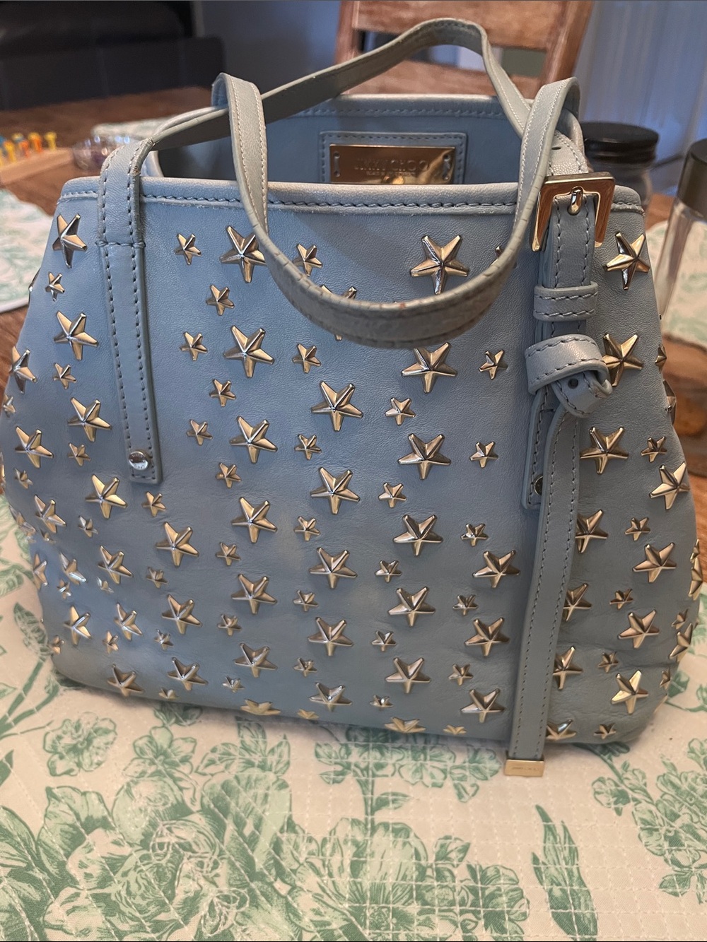 Jimmy Choo Sasha Blue Leather Gold Star Studded Tote - Authentic - Picture 12 of 14